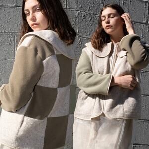 GRöN KULLE "Lu" Checkered Oatmeal and Moss Peter Pan Collar Jacket US SMALL